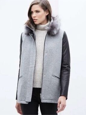 Danier Grey Wool-Blend Coat with Black Leather Sleeves and Silver Fox Fur Trim